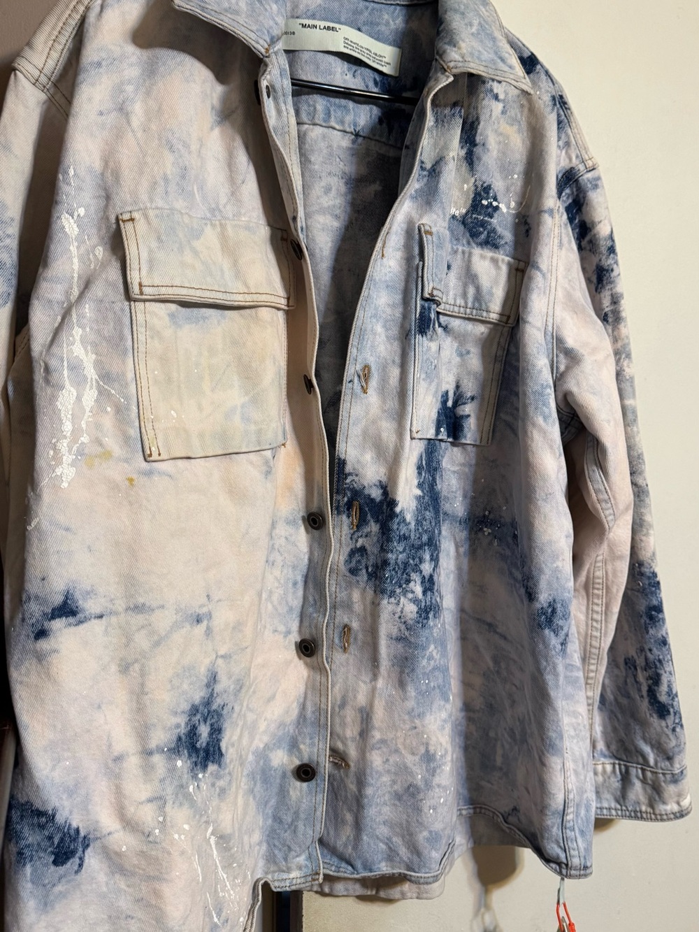 Off-White Bleached Light Blue and White Tie-Dye Denim Shirt Jacket